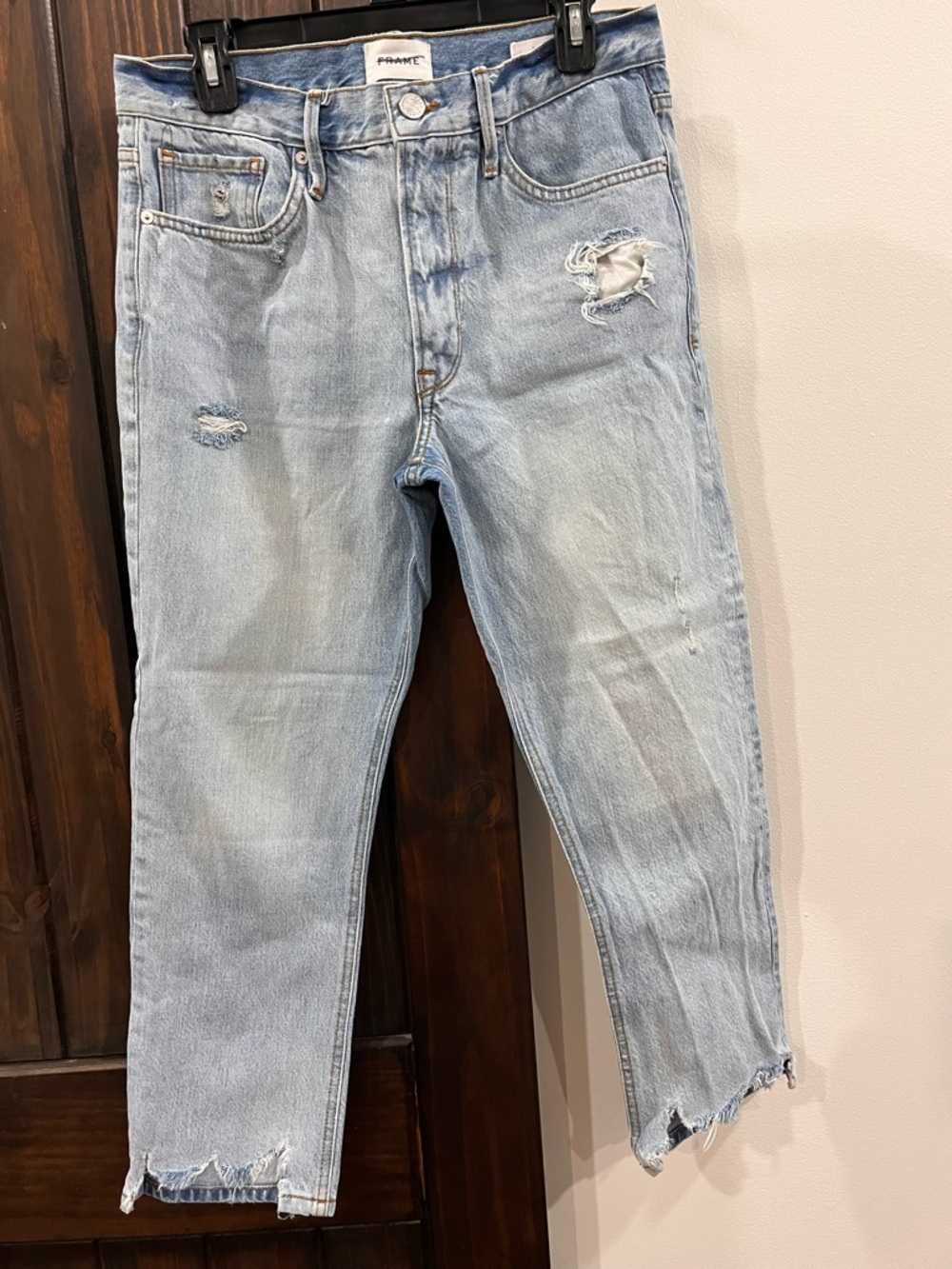 FRAME Le Piper Distressed Crop Straight Leg Jeans Light Wash Designer Denim